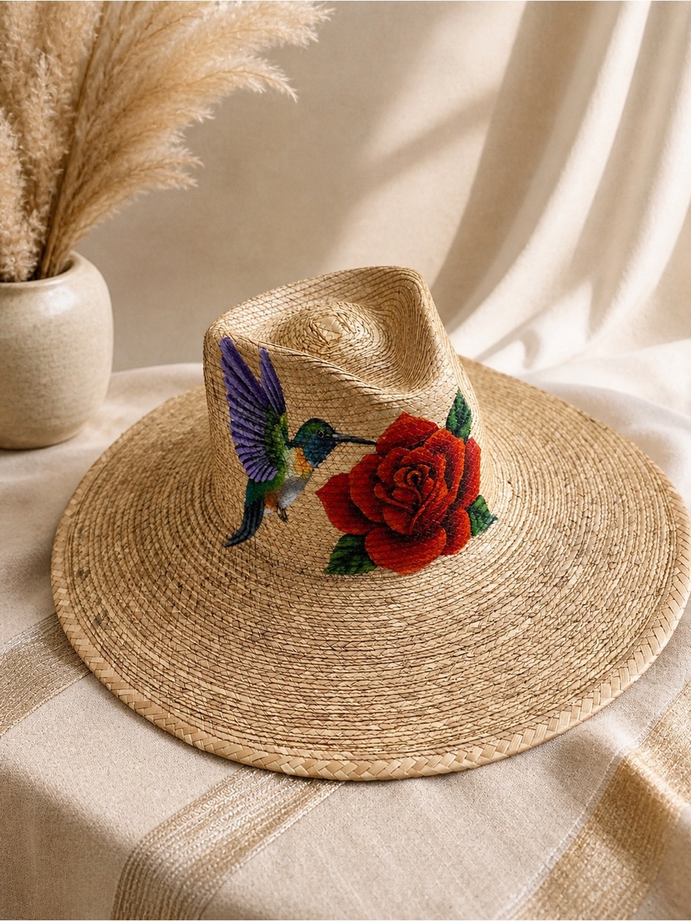 Hand Painted Hummingbird Straw Hat | Wide Brim Artisan Sun Hat